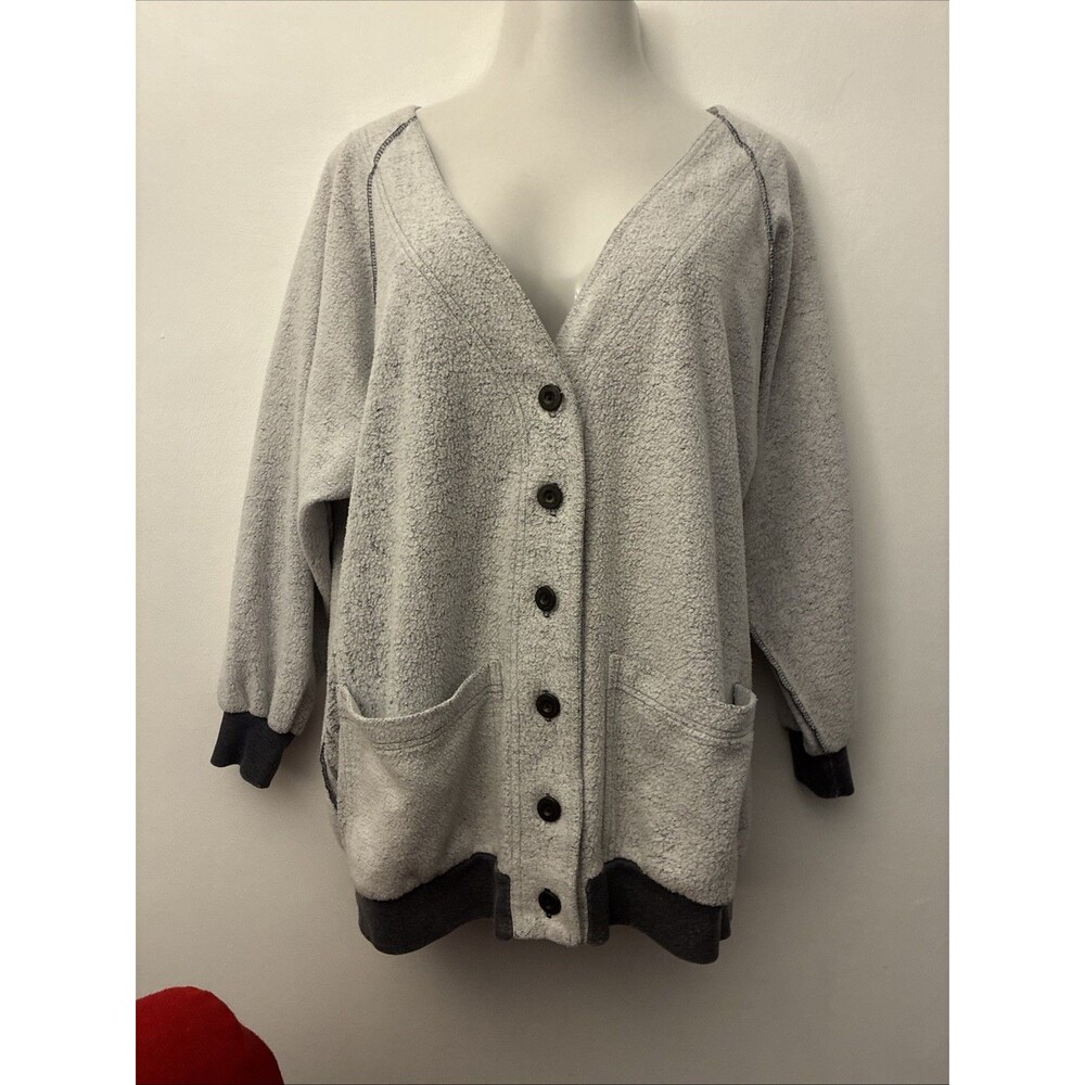 Vintage Fitigues Reverse Fleece Cardigan Sweater Contrast Trim Grey Large